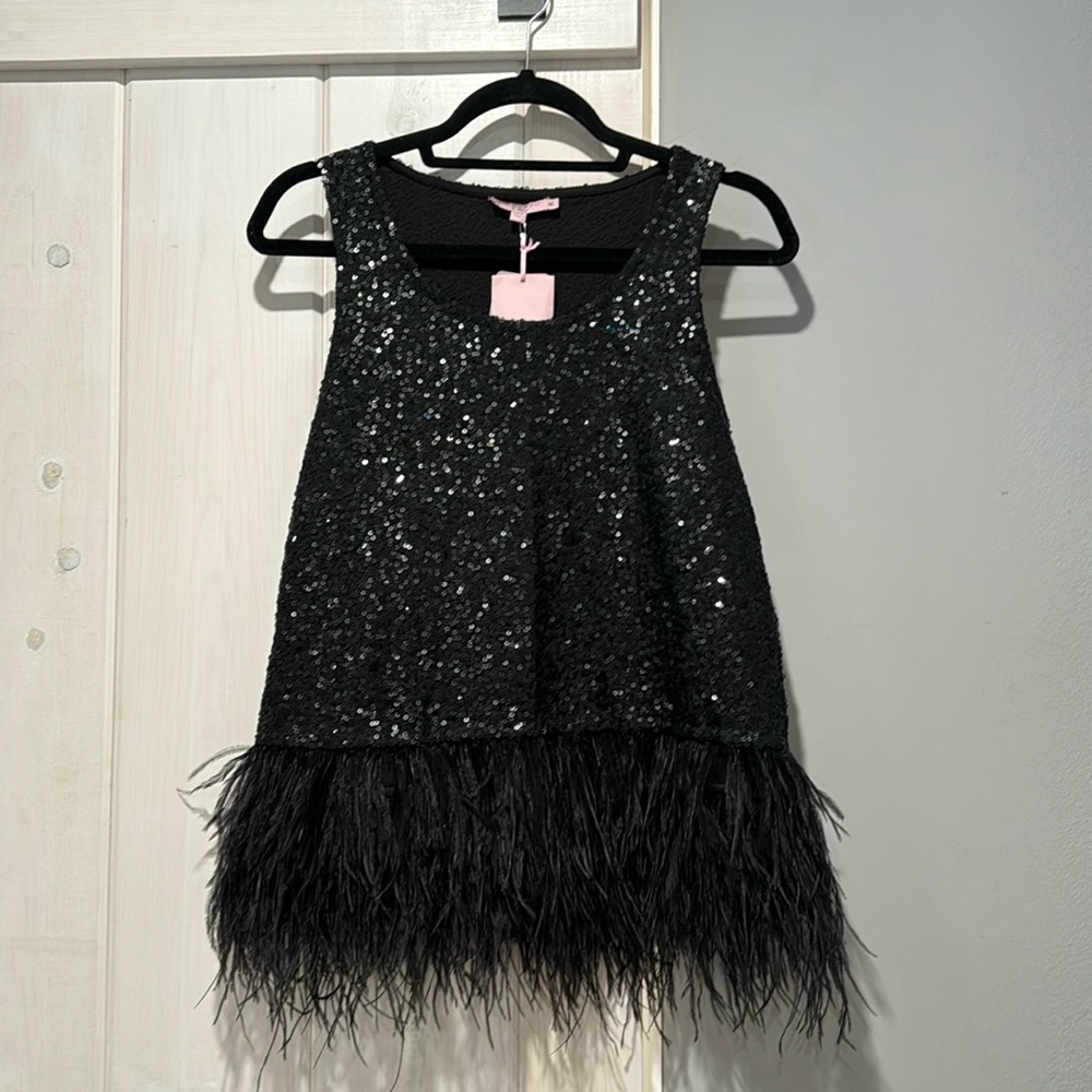 Calypso St. Barth black sequin tank with feather trim